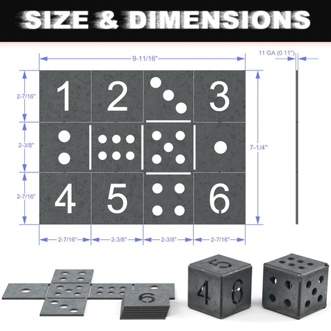 Beginner Welding Practice Kit One Eighth Inch Sheet Metal 11 Gauge 1045 Carbon Steel showing cut-out dice shapes and dimensions.