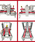 Heavy Duty Plug And Play Automatic Case Sealing Machine And Dual Flap Box Tagger With Smooth Conveyor Belt view from various angles.