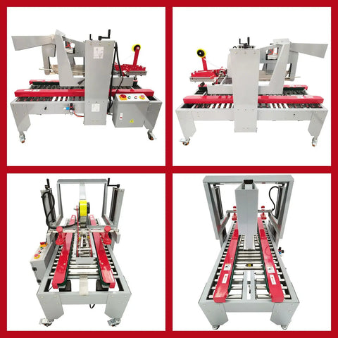 Heavy Duty Plug And Play Automatic Case Sealing Machine And Dual Flap Box Tagger With Smooth Conveyor Belt view from various angles.