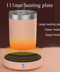 Dual Temp Smart Coffee Mug Warmer With Gravity Touch Sensor And Automatic Power Cut Locks In That Daily Heat Straight Up For Your Desk Featuring Quiet Operation Compact Flat Bottom Base on a desk with an 111mm heating plate and a steaming mug.