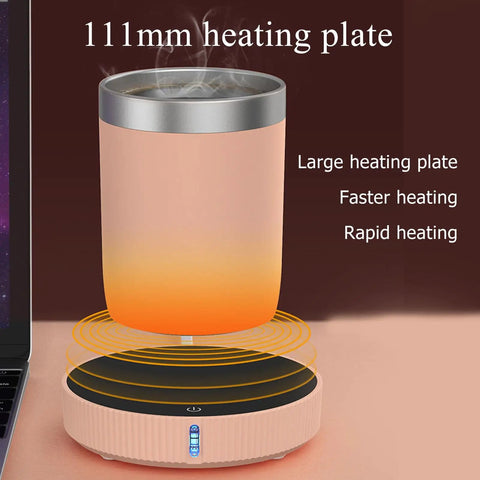 Dual Temp Smart Coffee Mug Warmer With Gravity Touch Sensor And Automatic Power Cut Locks In That Daily Heat Straight Up For Your Desk Featuring Quiet Operation Compact Flat Bottom Base on a desk with an 111mm heating plate and a steaming mug.