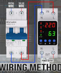 Adjustable Voltage Protector And Smart Circuit Breaker For 110V/220V Use Handles 80-210V Undervoltage To 130-300V Overvoltage 1-63A AC DIN Rail Voltage Stabilizer With Real Time Display And Overcurrent Protection wiring method, front view