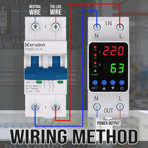 Adjustable Voltage Protector And Smart Circuit Breaker For 110V/220V Use Handles 80-210V Undervoltage To 130-300V Overvoltage 1-63A AC DIN Rail Voltage Stabilizer With Real Time Display And Overcurrent Protection wiring method, front view