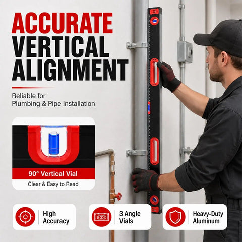 Professional Level Set, 3 Piece Aluminum Spirit Level Kit With 40",60",80" held against a wall for vertical alignment.