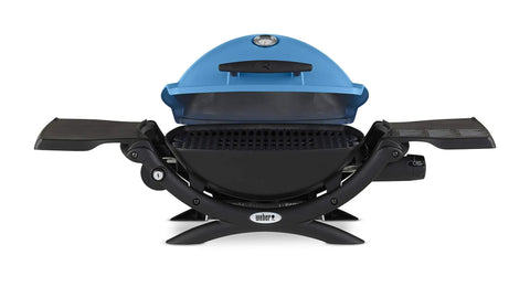 Q1200 Portable Propane Grill For Travel And Camping Blue With 1 Burner Cast Iron Grates Electronic Ignition 8500 BTU open view
