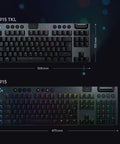 Game Changing Tenkeyless Wireless Mechanical Gaming Keyboard Featuring Crisp Tactile Switches Slick Syncable RGB Lighting Zero Lag Wireless Connection And Heavy Duty All Day Battery For Battle Ready Setups Black shown from above with dimensions.