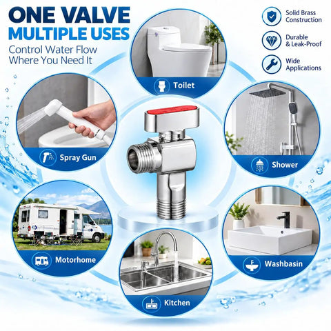 Top Shelf 1/2 Inch Brass Angle Shut Off Valve With Slick Chrome Coating And Hassle Free Red Handle For Heavy Duty Water Heater And Home Plumbing Projects, used in various applications like shower and kitchen.