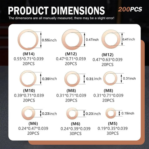 200 Piece Copper Crush Washer Set Metric Assortment With 9 Sizes For Oil Water And Fuel Lines Durable Copper Flat Washers With High Conductivity And Heat Tolerance Seals Tight And Prevents Leaks For DIY Projects, size chart for M14 to M5 washers