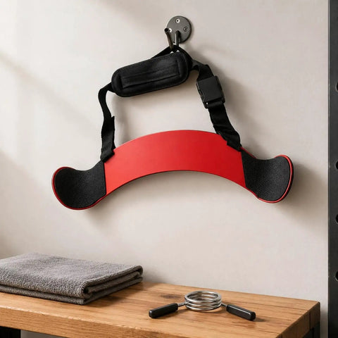 Arm Curl Isolator Training Aid With Upper Arm Stabilizer And Adjustable Strap Iron Board Support For Cleaner Bicep Form Home Gym Weightlifting Accessory For Safe Effective Workouts Red hanging on wall