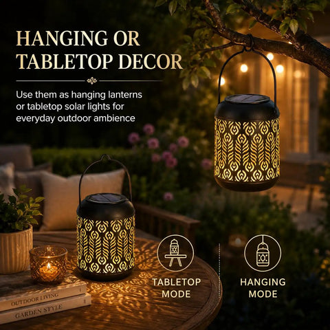 Solar Powered Outdoor Hanging Lanterns For Garden And Patio, Waterproof Landscape Lights With Warm White LED on table and tree