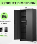 Black 72 Inch Tall Locking Steel Cabinet With Two Doors And Four Adjustable Shelves open showing storage dimensions.