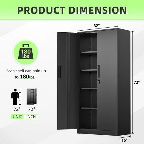 Black 72 Inch Tall Locking Steel Cabinet With Two Doors And Four Adjustable Shelves open showing storage dimensions.