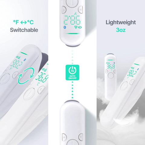 No Touch Forehead Thermometer 3 In 1 For Body Temperature, Room Humidity And Indoor Climate, Fast Infrared Scan In Under 1 Second, Medical-Grade Accuracy For Babies, Kids, And Adults, All-In-One Family Care Tool, white handheld device