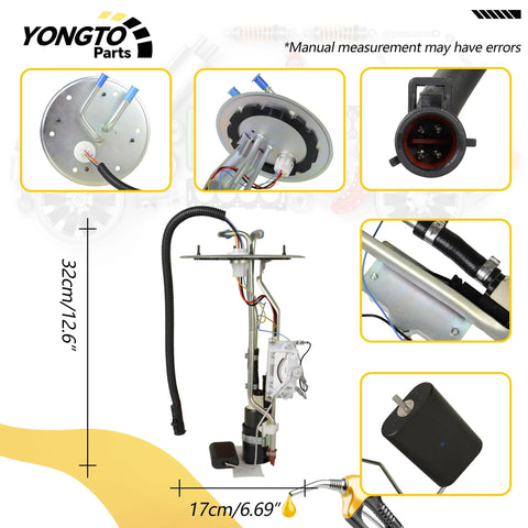 Fuel Pump Module With Sending Unit For Ford F150 F250 1997 To 2003, F150 Heritage 2004 4.2L V6, 4.6L V8, 5.4L V8 Replacement OE XL3Z9H307AA AB BA BB DA DB EA EB P2616S PFS104 showing various angles and measurements