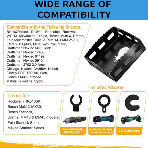 Compatibility chart for 2-Pack Upgrade Square Slot Cutter For Drywall And Single-Gang Boxes with list of compatible brands and adapters.