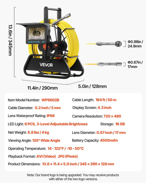 Sewer Camera Probe Kit With 164 Ft Cable, 4.3 Inch Color Screen, IP68 Waterproof Drain Inspection Tool With 6 Adjustable LEDs, Long Battery Life, SD Card Included, Dope For Pipes, Ducts, And Sewer Lines; 5 mm cable