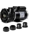 Top Shelf 1.5 Horsepower Hot Tub Spa Pump With Nema 48 Frame Motor and attached two-inch adapters for easy installation.