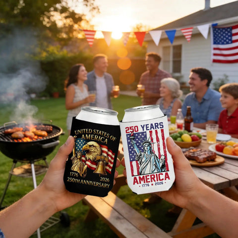 Patriotic 250th Anniversary Can Cooler Sleeves 12 Pack Neoprene Insulated Beverage Holders at outdoor party