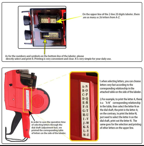 Two Line Price Tag Gun With A To Z Letters, 20 Digits Per Line, letter selection guide and number display close-up view