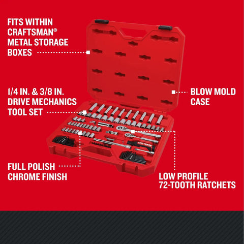 Beast 83 Piece Mechanics Tool Set With Low Profile Ratchet And 72 Tooth Ratchet SAE And Metric Sockets In Durable Blow Mold Case open