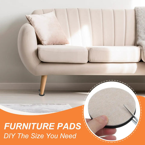 Hella Smooth Five Inch Felt Furniture Sliders Sturdy Eight Piece Round Movers For No Sweat Rearranging Reusable Moving Pads And Premium Floor Guards For Couches Tables And Hardwood Beige shown under a couch.