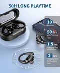 Bluetooth 5.4 Auto Connect Sport Earbuds With 60 Hours Playtime shown with charging case and smartphone app interface.