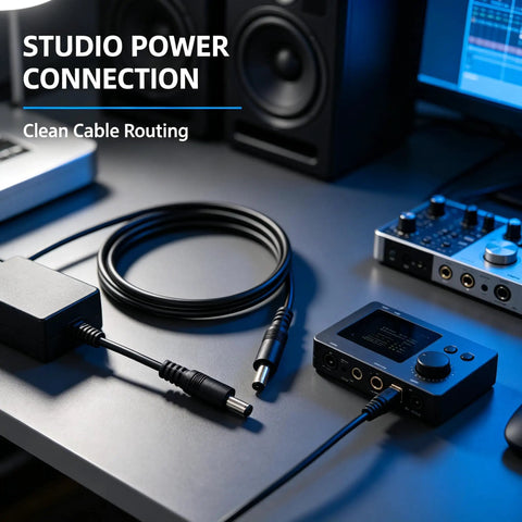 Big Rig 12V Male To Male Power Lead Featuring 5.5X2.1Mm Tips connected to audio equipment for smooth power flow.