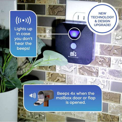 Wireless Mailbox Notification System With Audible Beep And Visual Light shown plugged into wall indoors