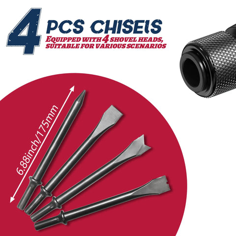 Air Hammer Chisel Kit With 4 Chisels And Quick Change Retainer, 2200 BPM, 250mm Barrel, chisels on red background