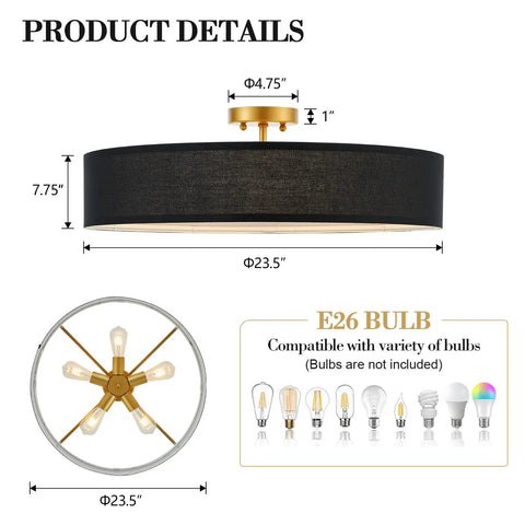 Cool Modern Flush Mount Ceiling Light Fixture With Gray Linen Drum Shade And Black Canopy Four Light Overhead dimensions