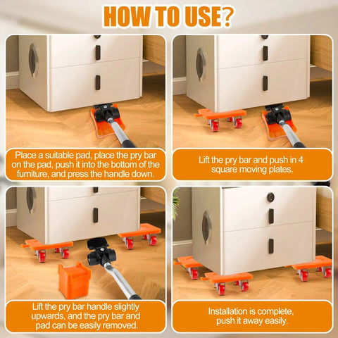 Heavy Duty Furniture Movers And Rolling Dolly Kit Built For Brutally Heavy Loads Smooth Sailing Moving Day Hustle Apartment Friendly Couch Sliders And Appliance Glide Tools usage guide showing each step of furniture lifting and moving.