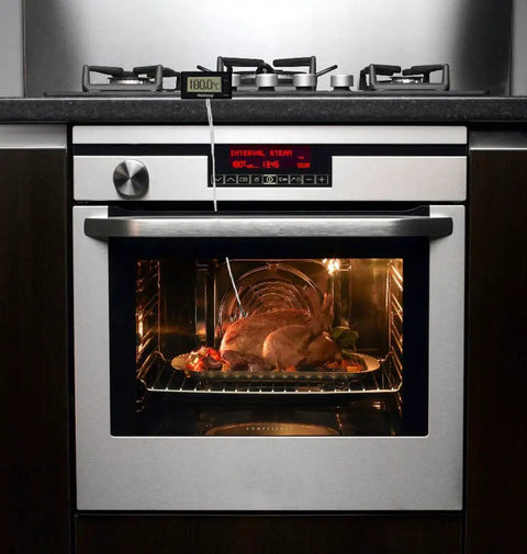 Digital Oven Thermometer With LCD Display Up To 572F 300C Heat Resistant And Ultra Accurate Temperature Readout For Oven Grilling And Roasting Perfect For Home Cooks And Kitchen Pros in kitchen setting monitoring roast chicken