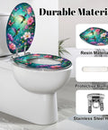Elongated Vibrant Hummingbirds Butterflies Chinoiserie Toilet Seat with vibrant floral design and protective bumpers.