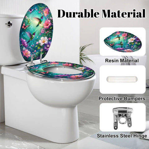 Elongated Vibrant Hummingbirds Butterflies Chinoiserie Toilet Seat with vibrant floral design and protective bumpers.