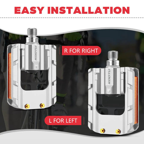 Grippy Aluminum Bike Pedals With Reflective Strips Universal 9 Sixteen Inch Pedals, right and left labeled for easy installation.