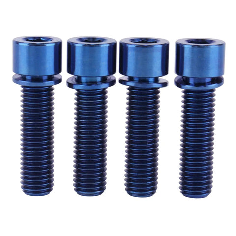 Top Shelf Grade 5 Titanium Hex Bolts M7 25 Millimeter Size With Included Flat Washers Built Tough Ride Ready Rust Proof Bike Hardware Upgrade Pack Of 4 Blue in a group of four bolts.