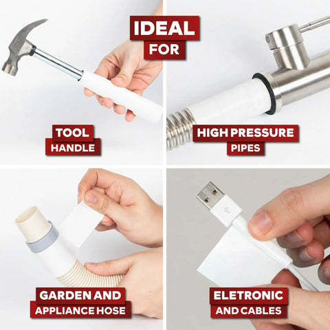 Self Fusing Silicone Tape Pro White Heavy Duty Plumbing Tape on tool handle, pipes, hoses, electrical cords.