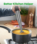 Heavy Duty Immersion Blender Handheld Corded 1100W Full Copper Motor 5-in-1 Hand Blender Set in a pot blending soup.