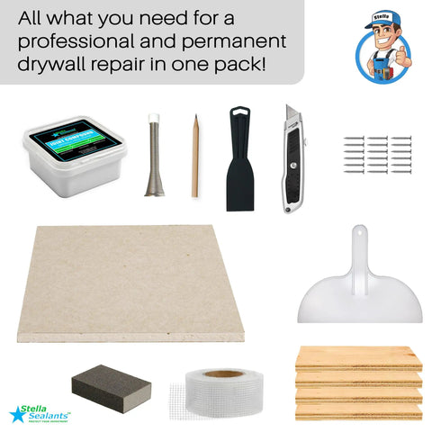 Pro Grade Drywall Repair Kit For Home And Office Fix Holes Fast With 12x12 Inch Panels Includes Backing Boards Joint Compound Patch Sanding Pad And All Essential Tools For A Clean Seamless Finish.