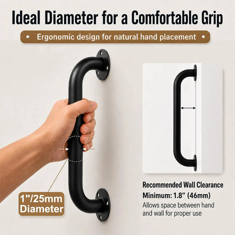 Heavy Duty 12 Inch Black Metal Wall Mount Stair Handrail Grab Bar With A Slick Non Slip Grip And Rust Proof Powder Coat For Zero Sweat Safety Setup On Any Deck Or Wall At Home, showing ergonomic design for grip.