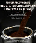 58mm Rotary Espresso WDT Tool Kit With Stainless Steel Powder Distributor pouring coffee grounds into a precision powder receiving ring.