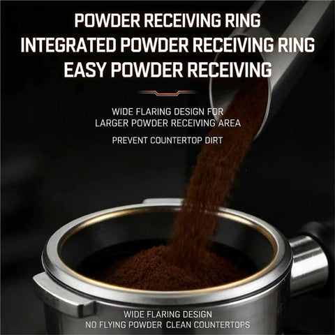 58mm Rotary Espresso WDT Tool Kit With Stainless Steel Powder Distributor pouring coffee grounds into a precision powder receiving ring.