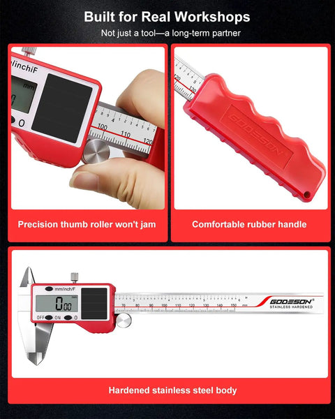 Close-up of Solar Powered Digital Caliper 6 Inch, 0.001 Inch Precision, Stainless Steel, showcasing thumb roller and rubber handle.