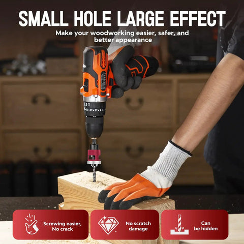 7-Piece Countersink Drill Bit Set With M2 HSS And 1/4-Inch Hex Shank in use for woodworking on wooden block