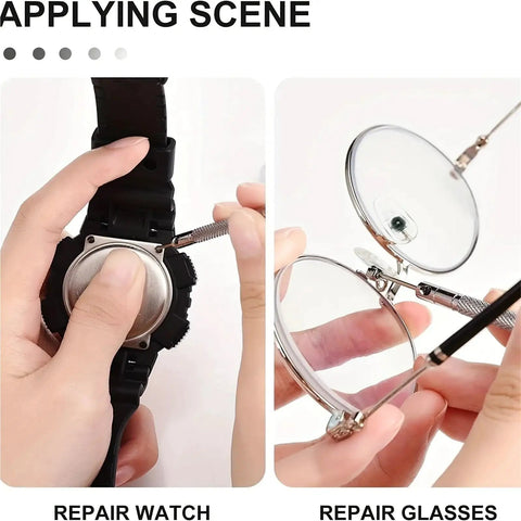 No Fuss Micro Screw Repair Kit For Watches Sunglasses Jewelry Comes With Heavy Duty Torque Driver Rust Proof Steel Fasteners Quick Fix Tool Set 2160 Pieces, hands repairing watch and glasses.