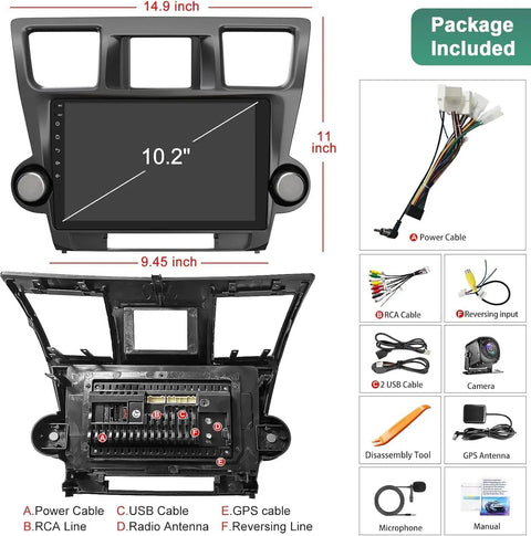 Package contents for Toyota Highlander 2008-2013 Dope Car Stereo with 10.2 inch IPS touch screen and accessories.