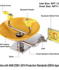 Wall Mounted Eye Wash Station With Dual Nozzles And Internal Filtered Water For Fast Emergency Eye Wash And Eye Irrigation Simple To Use First Aid Gear For High Risk Worksites And Industrial Safety, showing yellow ABS basin and stainless steel bracket