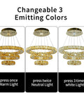 Dope Crystal Ring LED Pendant Light with adjustable stainless steel ceiling fixture showing changeable 3 emitting colors.