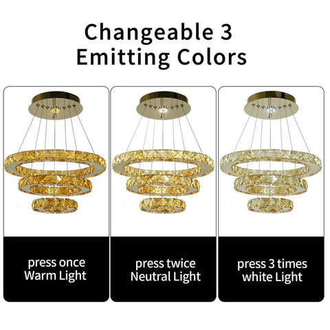 Dope Crystal Ring LED Pendant Light with adjustable stainless steel ceiling fixture showing changeable 3 emitting colors.