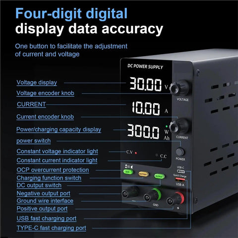 Adjustable 0 To 30V 0 To 10A DC Power Supply with Dual Display showing voltage, current, and controls for lab use